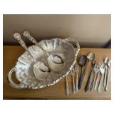 Silver serving dish, utensils