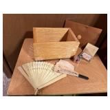 Wooden box, hand fans, compact
