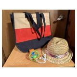 Tote, straw hat, hand fan