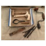 Antique hand tools, drill, hammers, level, drill