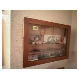 Shadow box, toy race cars, trading cards,