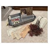 Galvanized tray, paper ephemera collection,