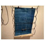 Wire hanging rack, vintage blueprints