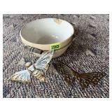 Stoneware bowl, brass, metal butterflies