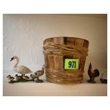 Bucket, miniature chickens, geese