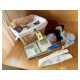 Basket, latch hooks, yarn, lace, mittens, craft