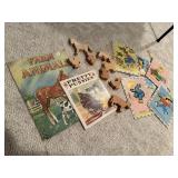 Books, sewing cards, wooden animals