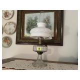 Oil lamp, milk glass shade