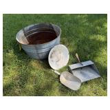 Galvanized wash tub, scoops, enamel pan