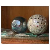 Sea glass, tray, decorative orbs