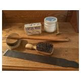 Burma Shave jar, soap, razor, brushes, razor