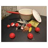 Red & white enamel lidded pot, fishing bobbers,
