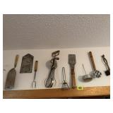 Vintage kitchen utensils, hand mixer, meat
