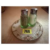 Hand painted Nippon plate, green depression glass