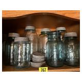 Blue canning jars, zinc & glass lids