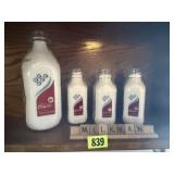 Flynn Dairy bottles (4), M-I-L-K-M-A-N scrabble