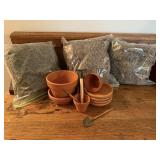 Miniature clay pots & garden tools, floral moss