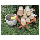 Stoneware flower pot, stand, birch logs