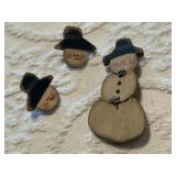 Wooden snowman pin, earring set