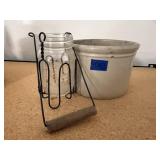 Stoneware crock, wire canning jar holder