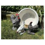 Enamel pan, yard chickens (3)