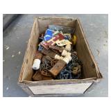 Box of industrial artsey bits, license plate