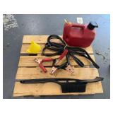 Automotive pallet, fuel can, jumper cables,