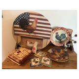 Chicken decor lot, plates, coasters, feed sack.