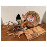 Chicken decor lot, plate, statue, wood carving,