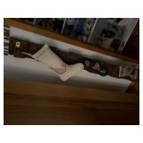 Rustic lumber stocking hanger, stockings included