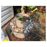 Stacked wash tub, bucket planter, garden flag