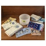 Milk glass dish, handkerchiefs