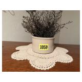 Stoneware crock, dried florals, doilie