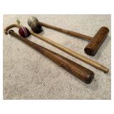 Wooden baseball bat, croquet mallet, balls,