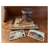 Candy Jar, Bondurant tiles, postcards, marbles,