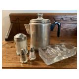 Vintage perculator coffee pot, salt & pepper,