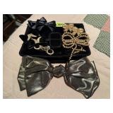 Patent leather purse, hair bow, bow button