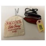 Miniature clothespin bag, toy iron