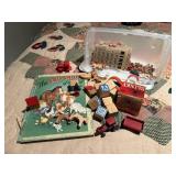Tote of Bingo cards, blocks, toy tractor & wagon,