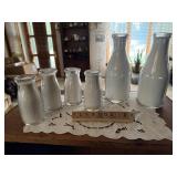 Flynn Dairy bottles (6), scrabble tiles, doilie