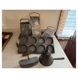 Vintage graters, funnel, muffin pan, chopper