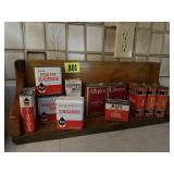 Wooden shelf, vintage spice tins, peppermint
