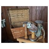Picnic basket, wooden spools, fabric ribbon ball,