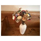 Button bouquet, milk glass vase