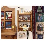 Wooden wall shelf, contents included