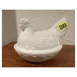 Milk glass hen on nest