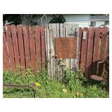 Barn door, ceiling tile, garden stakes,