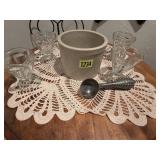 Stoneware crock, sundae cups, ice cream scoop,