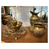 Brass miniatures, pitcher, tea pot, trivet, bowl,