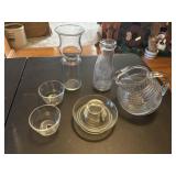 Glass pitcher, Pyrex dishes, dairy bottle,